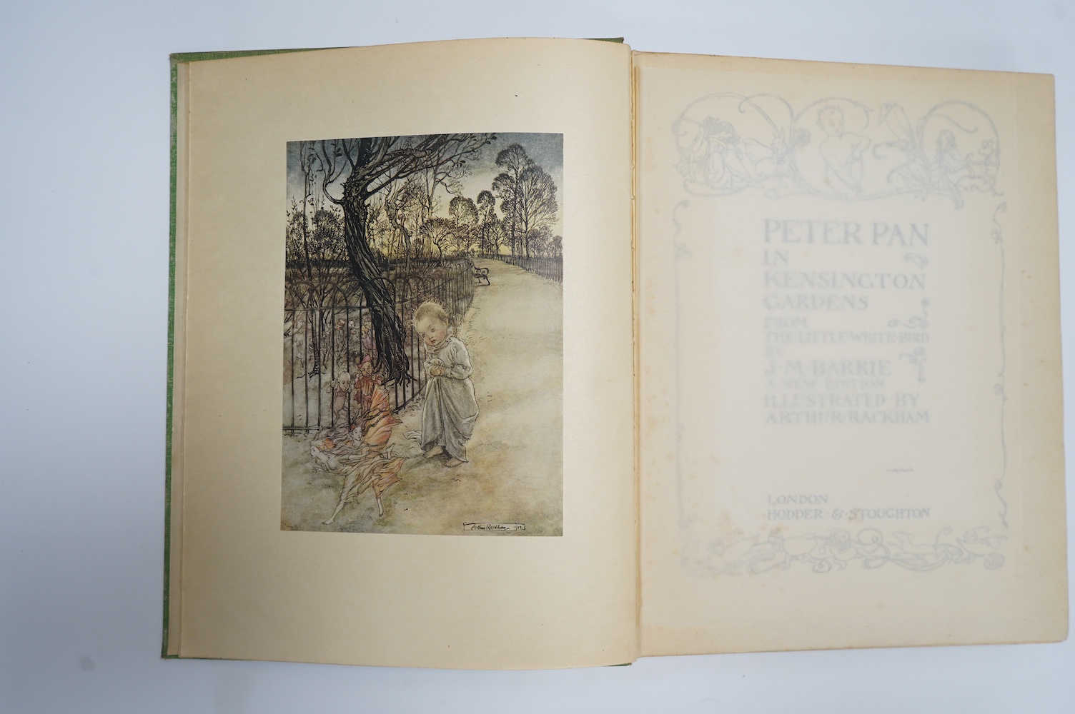 Rackham, Arthur (illustrator) – 7 works – J.M. Barrie, Peter Pan in Kensington Gardens, new edition, 4to, 50 tipped-in colour plates, captioned tissue-guards, original green cloth, decorative gilt, London, Hodder & Stoug